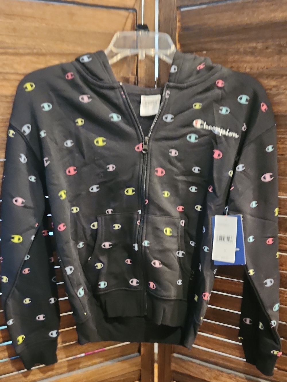 Champion Black Zip Front Hoodie with Multicolor Logo Dots